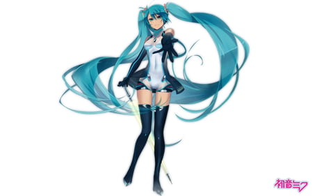 Hatsune Miku - pretty, artistic, uniform, headphones, nice, program, hot, thighhighs, beauty, virtual, cg, white, cute, aqua eyes, song, outfit, sexy, vocaloid, anime, blue, twintail, hatsune miku, microphone, music, aqua, stockings, art, idol, anime girl, beautiful, singer, girl, cool, black, hand, miku, awesome, diva, digital, aqua hair, hatsune, vocaloids, headset