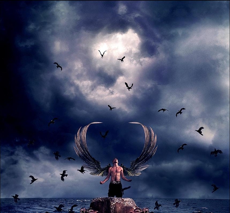 An Angel - abstract, angel, clouds, scream, wings, sea, fantasy, birds