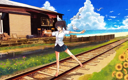 Chillin at the rails - flowers, anime, birds, rails, female, ocean