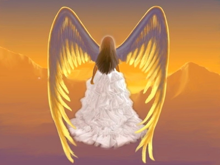 Angel with orange sundown - sundown, wing, beautiful dress, angel, orange