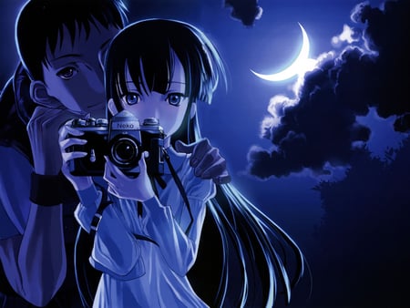 Blue night - listen, fantasy, camera, people, anime, abstract