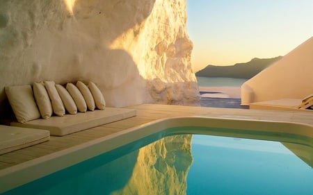 Beautiful - boulders, creamy, water, pillows, relaxing, view, reflection, tan, blue, beautiful, rock, pool