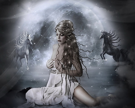 Dream Of Horses - horses, horse, fantasy, abtsract, 3d, girl, woman