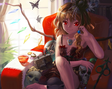 Touhou - wings, touhou, anime, cross, skull