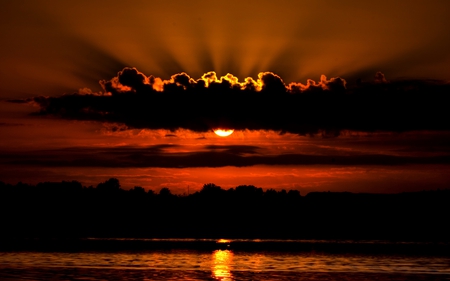 Sunset - beauty, sky, trees, peaceful, water, sunset, view, amazing, reflection, clouds, red sunset, rays, lake, sunlight, lovely, nature, beautiful, red, splendor