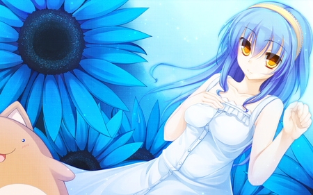 Cute Anime - blue hair anime, blue hair, yellow eyes, pretty girl, anime, cute anime, white dress, flowers