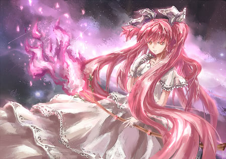 Anime Long Hair - anime long hair, anime, fantasy anime, flames, cute girl, pink hair, anime warrior, pink dress