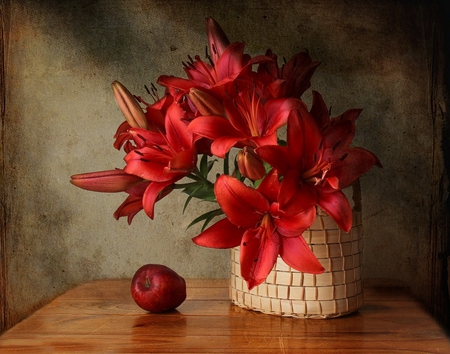 still life - beauty, nice, elegance, photography, bouquet, basket, still life, pretty, cool, lily, apple, harmony, lilies, lovely, fruit, red, beautiful, flowers, photo, flower