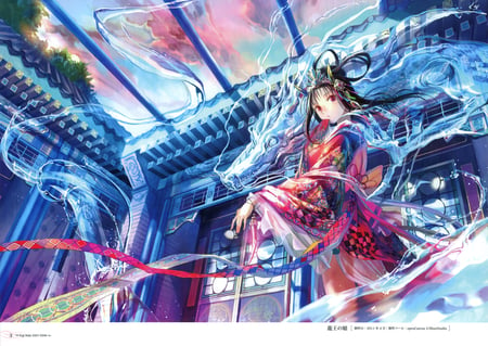 Princess - beauty, ice, claws, princess, sky, trees, long hair, colorful, water, black, art, blue, dragon, kimono, palace