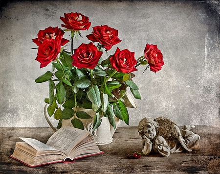 still life - pretty, elegantly, roses, book, angel, photo, flowers, red, old, nice, pot, beautiful, photography, beauty, lovely, cool, still life, flower, bouquet, harmony, rose