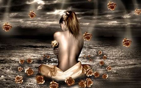 Raining Golden Roses - golden, sexy, girl, roses