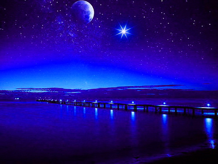 Starry blues - moon, pier, stars, blue, night, water, mountains