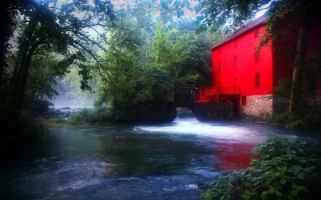 THE RED HOUSE - house, river, red, green, forest, bridg