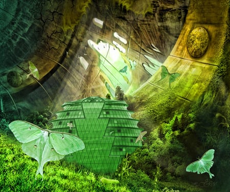 Aliens butterflies - space, abstract, fantasy, green, aliens, butterflies, spacecraft, 3d