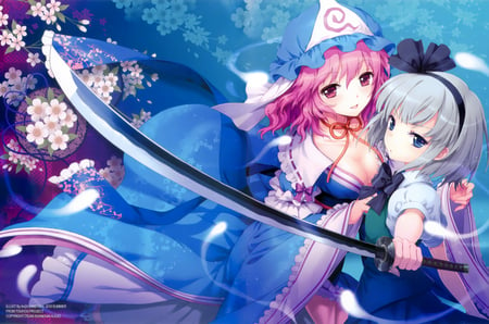 Konpaku and Saigouji - konpaku youmu, female, hot, anime girl, rose, saigyouji yuyuko, touhou, cherry blossom, pretty, cool, underboob, sword, cute, love, sexy, big breasts, hair bow, two girls, sweet, smile, flowers, weapons