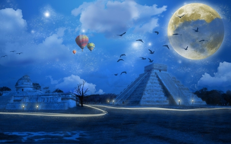 MIDNITE MOON - moon, stars, sky, night, pyramid, balloon, bird, air ballons, clouds