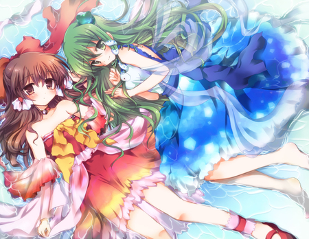 hakurei reimu & kochiya sanae - pretty, dresses, anime, blush, green hair, girls, lieing down, cute, friends, brunnte