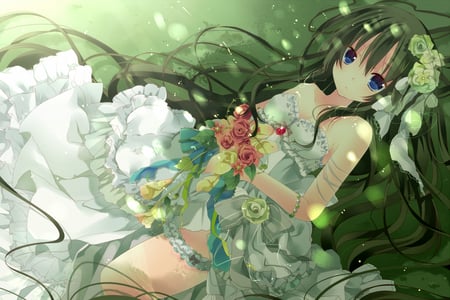 drowning bride - pretty, bride, anime, girl, green hair, flower, wedding dress, blu eyes, green