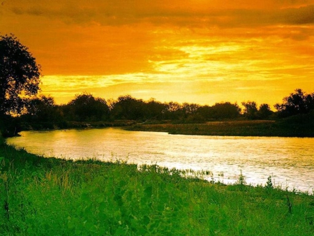 Sunset Photography - fields, sun, green, sunset, golden, river view