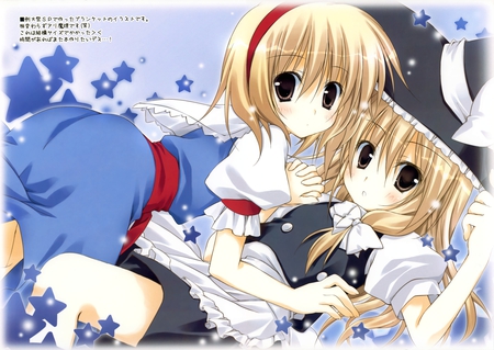 Alice and Marisa - girls, black, white, alice, touhou, star, marisa, blue, red, cute, blonde