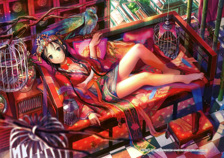 Relax - rainbow, cages, girl, branch, long hair, pillows, flats, colorful, couch, shoe, bow, ribbon, kimono, bamboo, birds