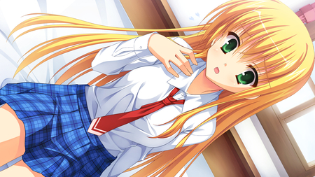 Green Eye Anime - anime school girl, long hair, skirt, pretty girl, green eye anime, anime