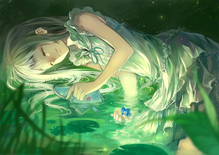 Honma Meiko - sleep, blow, honma meiko, water, grass, short hair, flower, dress