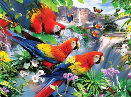 BIRDS OF PARDISE - parrots, waterfalls, birds, colorful