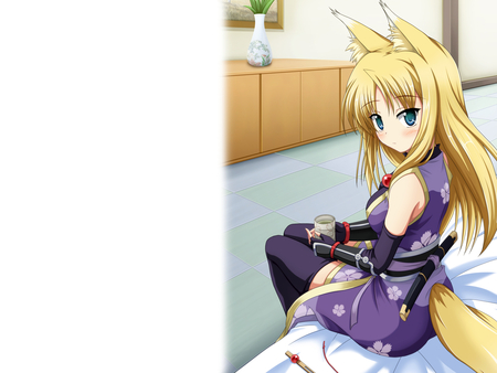 Yukikaze Panettone - pretty, artistic, ears, fox, uniform, yuki, bed, nice, yukikaze panettone, hot, thighhighs, sword, beauty, cg, cute, aqua eyes, outfit, sexy, anime, yellow, blue, room, blonde, tail, aqua, stockings, purple, katana, art, anime girl, panettone, yukikaze, beautiful, girl, blush, tea, blonde hair, cool, ninja, awesome, digital, fox girl, green tea