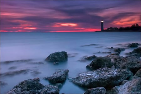 Evening sentry - sky, ocean, lighthouse, beacon, mist, evening, clouds, pink, blue