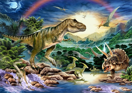 DINOSAURS RAINBOW - rainbow, dinosaurs, animals, sky