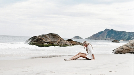 Enjoying the Beach - models, sexy, people, beach side, beautiful, smile, blonde, happy