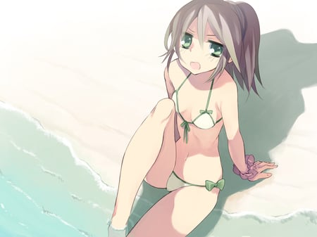 Anime At The Beach - green eyes, bikini girl, anime, sexy animegirl, anime long hair, cute, anime at the beach