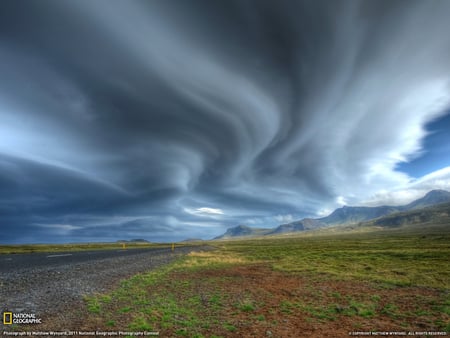 Swirling Clouds - sky, field, road, clouds