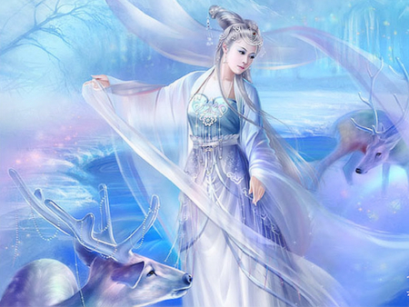 Beauty of Lady - beauty of lady, anime girl, female, original, hot, snow, beauty, cool, white dress, fantasy, japan clothes, deer, sexy