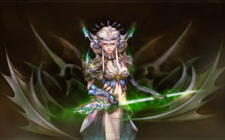 Queen of Sword - female, warrior, mad, dark, armor, big breasts, light green sword, fighter, anime girl, brave, queen, hot, kill, sword, underboob, cool, queen of sword, elf, sexy