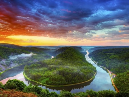 saarschleifi - nature, sky, trees, river, clouds, colors