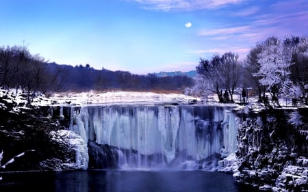 ICE FALLS - moon, ice, frozen, winter, falls