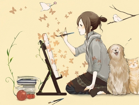 Girl painting - kitten, girl, dog, puppy, cat, drawn