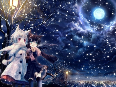 Anime girls at night - moon, anime, winter, girl, snow, night