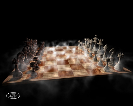 chess - abstract, black, white, fog, chess, dark