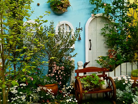 courtyard - bench, flowers, courtyard, beautiful