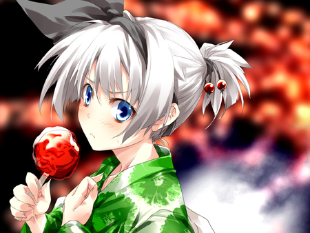 caramel apple - apple, festival, pretty, anime, girl, short white hair, caramel, kimono, blue eyes