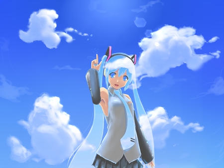 Hatsune Miku - outfit, virtual, miku, digital, vocaloids, song, microphone, uniform, singer, cool, pink, headphones, awesome, vocaloid, anime, twintail, cg, sunlight, clouds, skirt, aqua hair, hatsune, black, cute, beautiful, girl, anime girl, white, light, program, aqua eyes, artistic, pretty, glow, aqua, beauty, sun, art, diva, sky, nice, tie, idol, headset, music, hatsune miku, sunshine