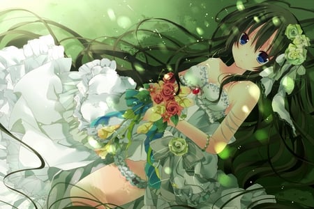 anime girl - aqua, flowers, sleep, dress, black hair, long hair, blue eyes