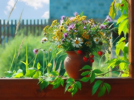 Summer scents - strawberries, sunny, summer, beautiful, grass, fence, plant, flowers, wildflowers, daisies, flower pot, green, frangrant, fruits