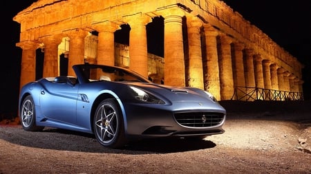 Ferrari California - sports, car, convertible, blue, california, ferrari, ruins, sportscar