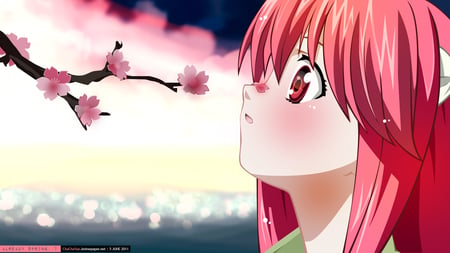 Anime - pink hair, blush, cute, cherry flowers