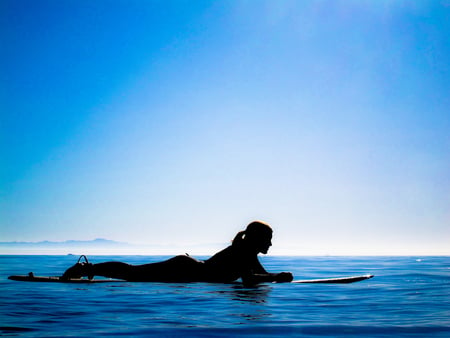 Surf rest - sports, calm, ocean, surf, girl, blue, water