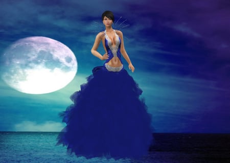 Blue Dress - sexy, moon, princess, abstract, woman, blue